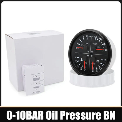 110mm 4 In 1 Gauge 0-150PSI / 0-10BAR Oil Pressure Gauge Water Temperature Fuel Level Voltmeter Light Alarm for Car Boat Yacht