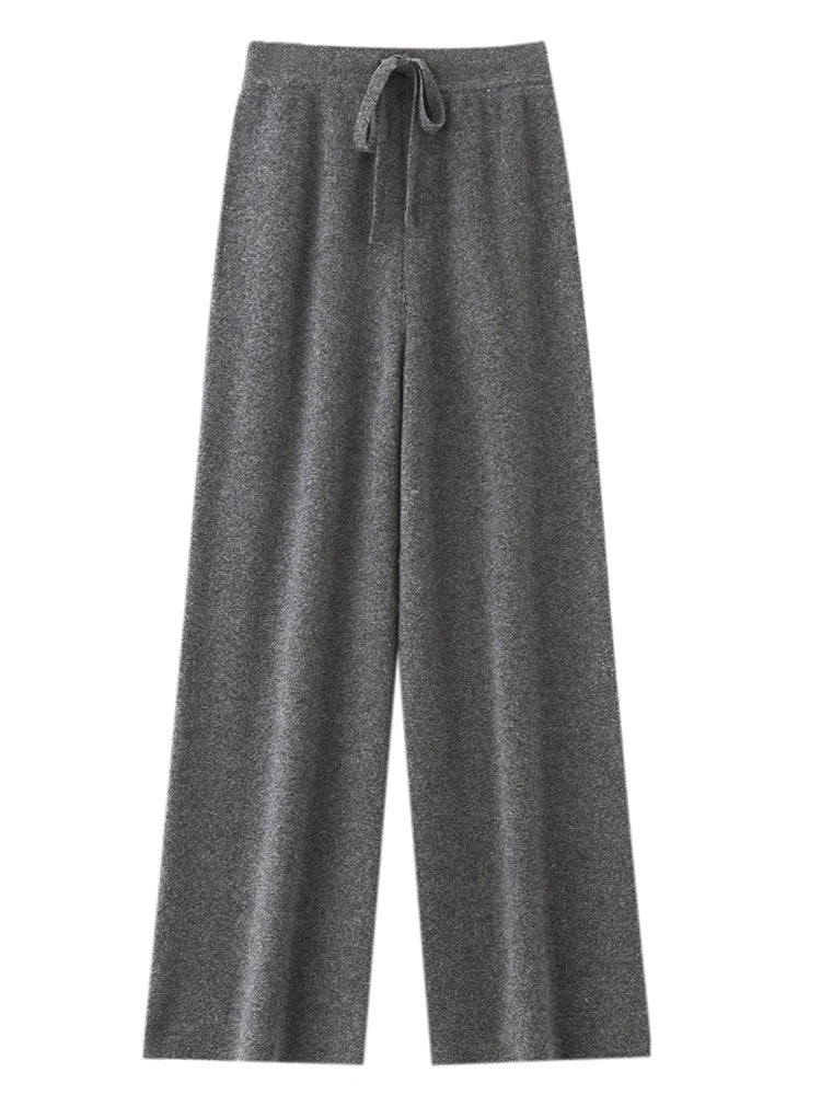 Chic Wide-Leg Pants Women's Autumn Winter Solid Color 100% Merino Wool Knitted Casual Loose Soft Thick Warm Popular Trousers