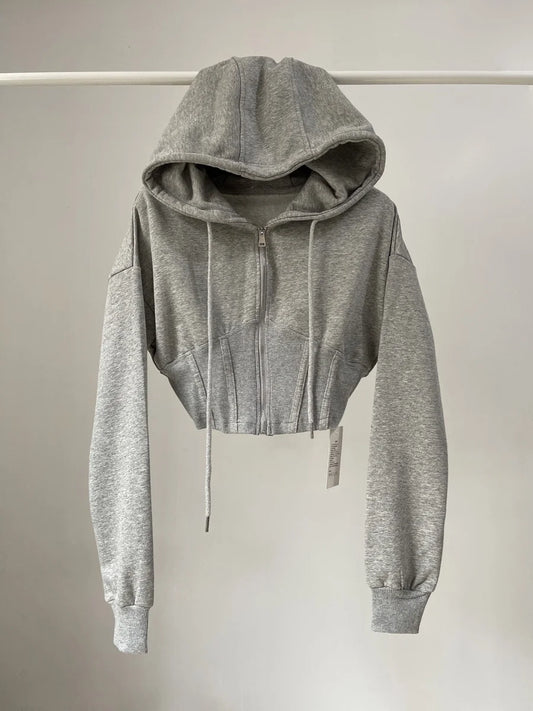 Spicy Girl Retro  Color Hoodie Women's Ultra-Short Waist-Cinching Belly-Baring Long-Sleeve Open Cardigan Top Coat