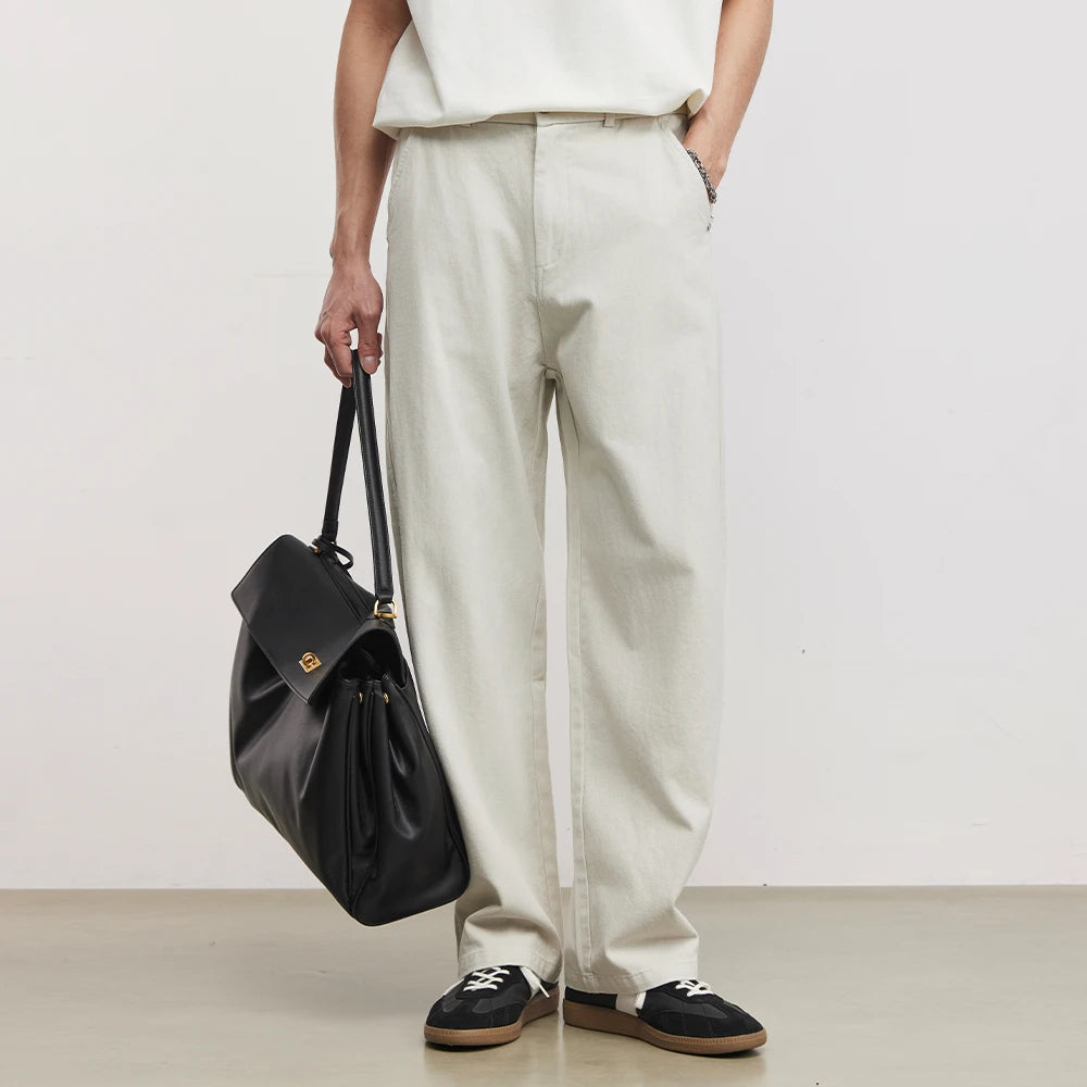 Men's Heavyweight 290g Minimalist Draping Wide Leg Pants Summer 100% Cotton Loose Commute Straight Casual Denim Long Pants