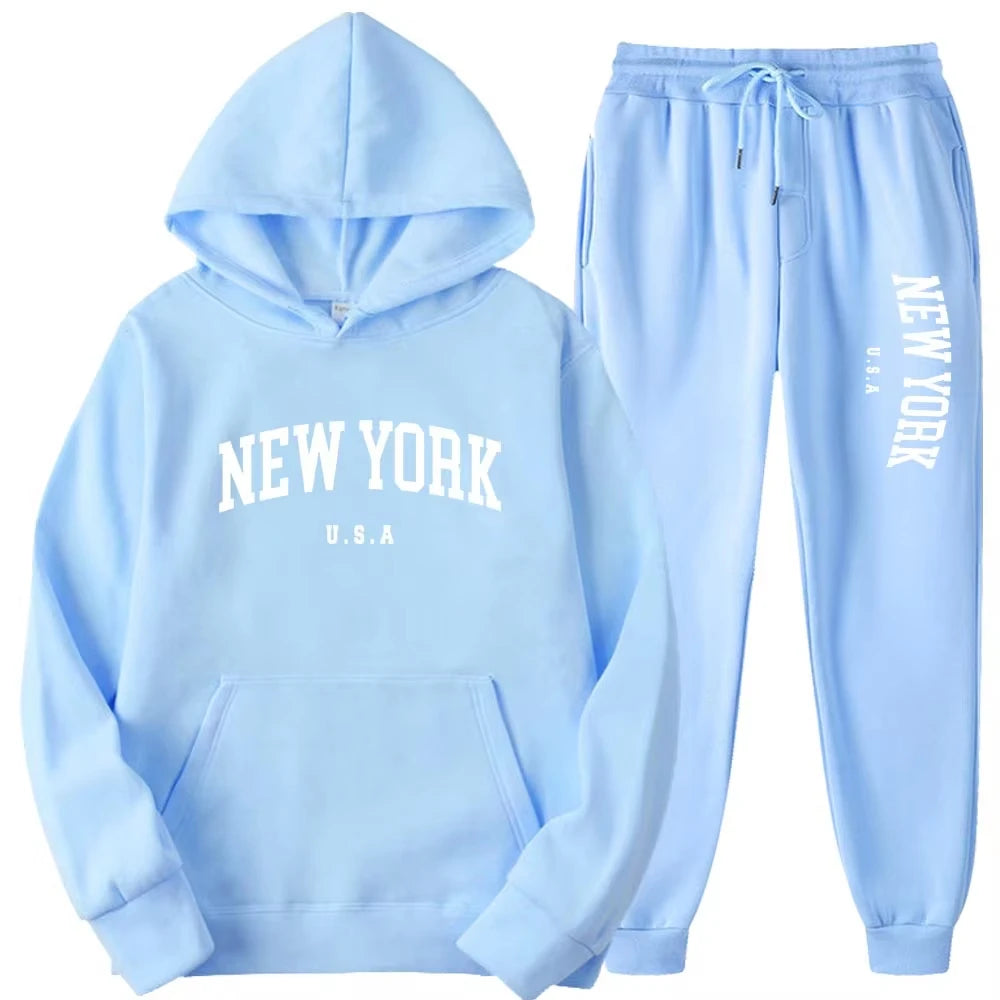 New York Print Hoodies Casual American Style Hoodie Set Mens Autumn Long Sleeves Hooded Loose Pullover Street Sweatshirt