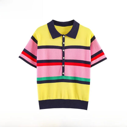 Fashionable Striped Knitted  Shirt Women's Spring Summer New Arrival Versatile Loose Fit Casual Polyester Fiber Short Sleeve