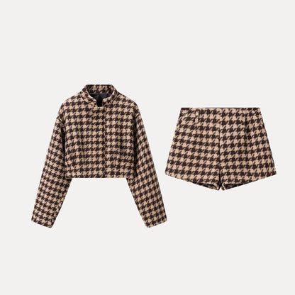 Fashionable Plaid Set 2025 Winter New Women's Personality Class Style Small Fragrance Style Casual Short Sleeve Long Pants