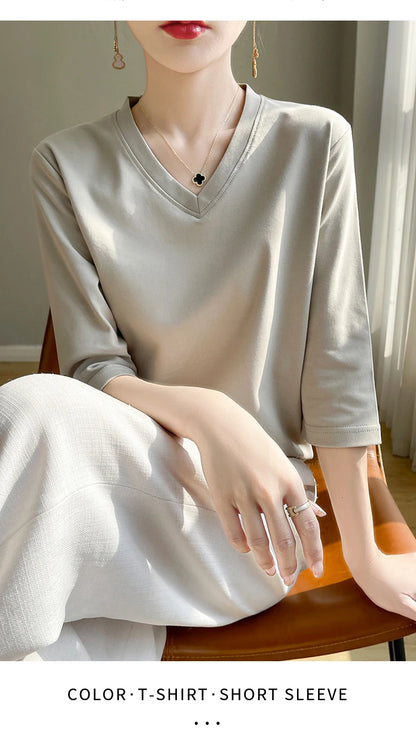 Spring And Summer New White Mercerized Cotton Cropped Sleeve T-shirt Feminine Joker 100% Cotton Bottoming Shirt Half Sleeve
