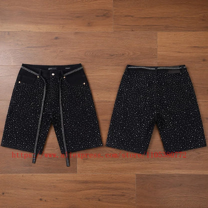 American Fashion Rhinestone-decorated Denim Shorts for Men Y2K Washed Blue Loose Denim Shorts Street Style Summer Casual Shorts