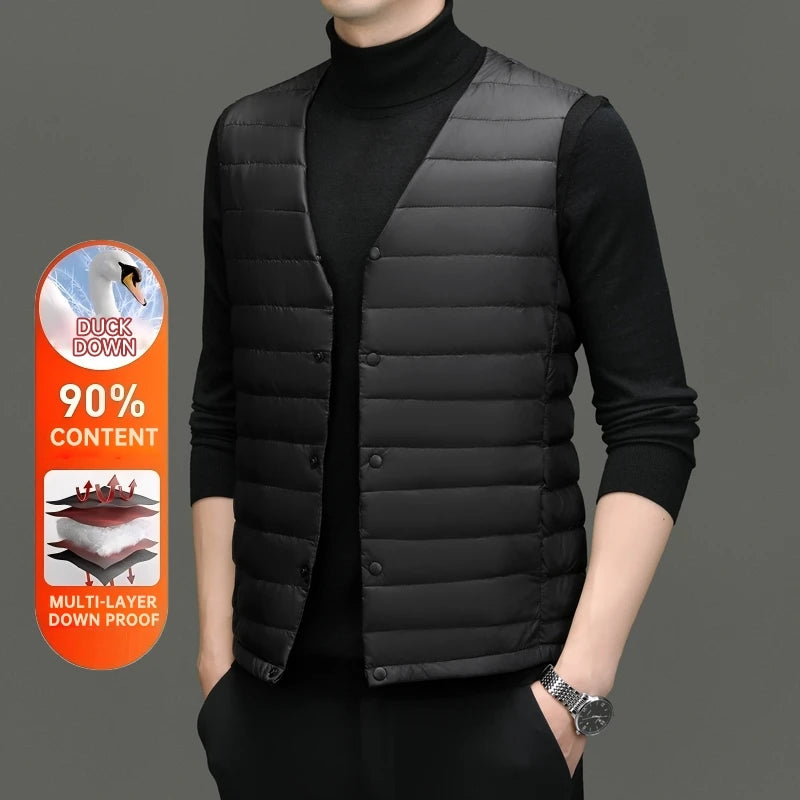 High End 90% Down Ultra Light O Veck Variable V-neck Brand Fashion Down Vest Men Winter Sleeveless Jacket Waistcoat Puffer Coats