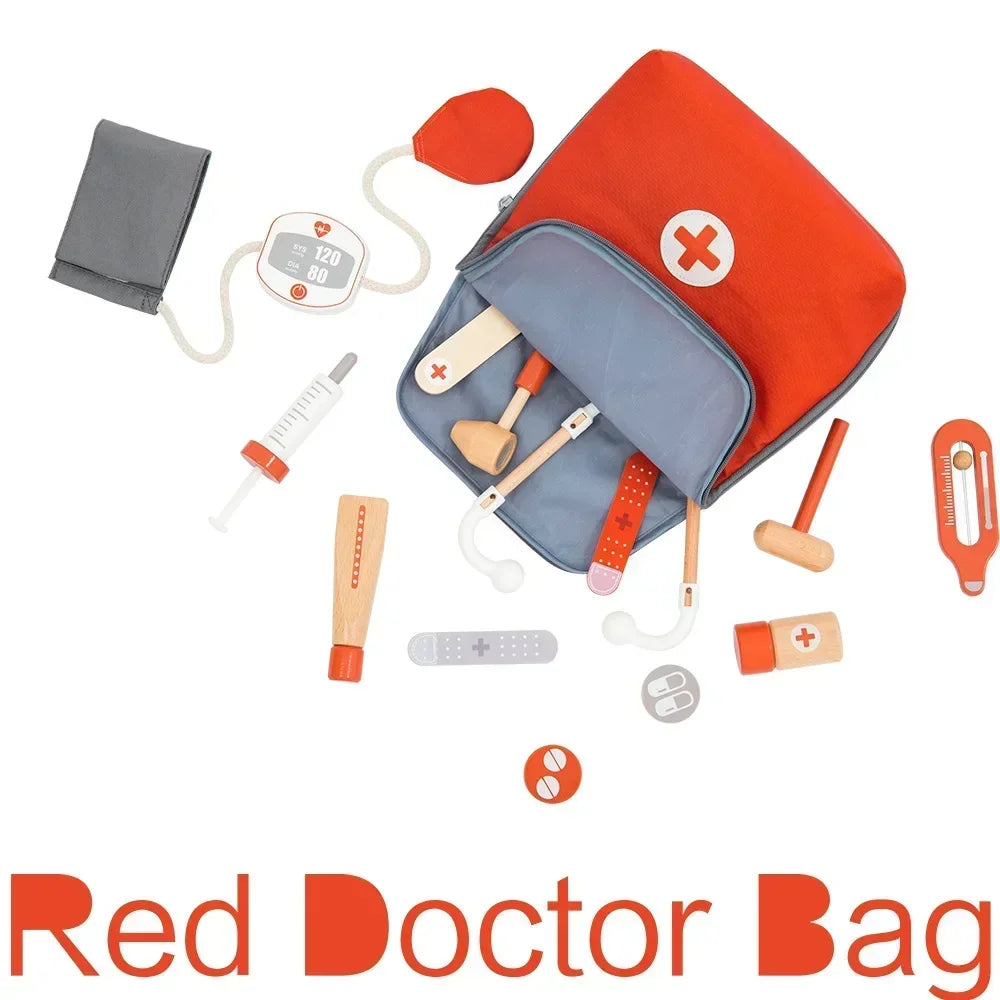 Kids Wooden Pretend Play Kit Games for Girls Boys Red Medical Dentist Medicine Box Cloth Bags Gifts Doctor Toys for Children Set