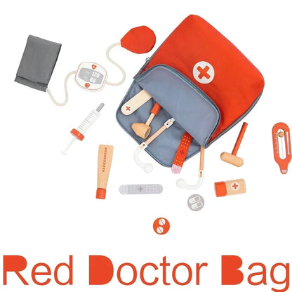 Kids Wooden Pretend Play Kit Games for Girls Boys Red Medical Dentist Medicine Box Cloth Bags Gifts Doctor Toys for Children Set
