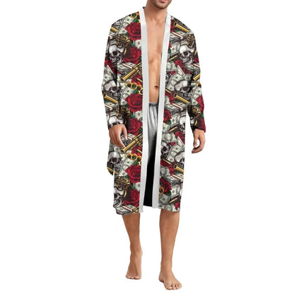 Men Robe 2025 Autumn Men's Trendy Casual Skull Head Rose US Dollar Bill Printing Pattern Home Casual Comfortable Nightgown