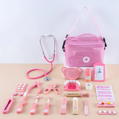 Wooden Pretend Play Doctor Toys Kids Role-playing Games Simulation Dentist Bag Set Stethoscope Teeth Model Educational Toy Gifts