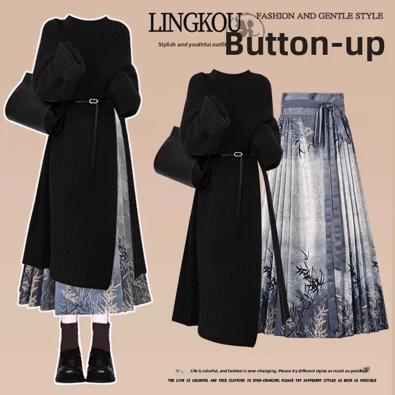 Autumn Winter Women's Knitted Dress Set with Slit Long Sleeve round Neck Loose Fit mid Thickening Two Pieces National Style