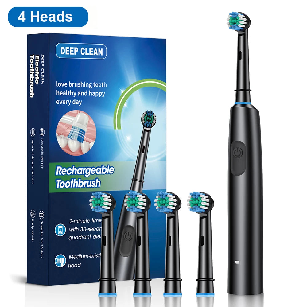 Electric Toothbrush Rotating Deep Clean Whitening Teeth for Adult Ultrasonic Toothbrush with 4/8pcs Refill Replacement Heads