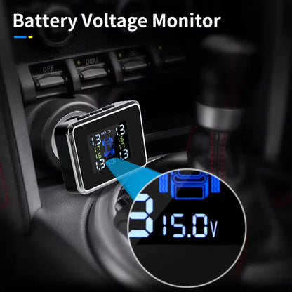 12V Cigar Lighter Adapter TPMS Car Tire Pressure Monitoring System With Digital Voltmeter USB Charger 3.0 Port 4pcs TPMS Sensors