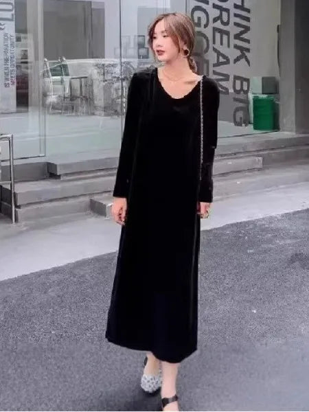 plus Size Velvet Dress V-Neck Long Sleeve Spring Autumn New Style Thin Dress for Middle-Aged And Elderly Women Korean Style A...