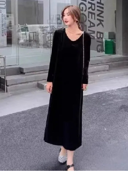 plus Size Velvet Dress V-Neck Long Sleeve Spring Autumn New Style Thin Dress for Middle-Aged And Elderly Women Korean Style A...