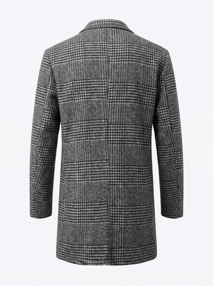 New Winter Men's Trench Coat with Houndstooth Pattern Thickened Lining Windproof Design | Business-Ready Warm Outerwear for Men