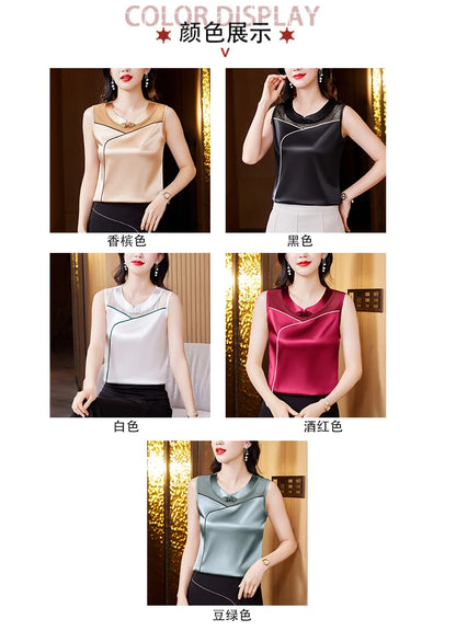 M-5XL 2024 New Fashion Women Tank top Spring Summer Sleeveless Silk Satin Vest Shirt Patchwork Mesh Clothing