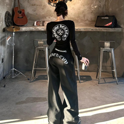 American Style Long Sleeve round Neck Slim Fit Casual Pants Set Letter Print Elastic Waist Straight Leg Women's Fashion Ensemble