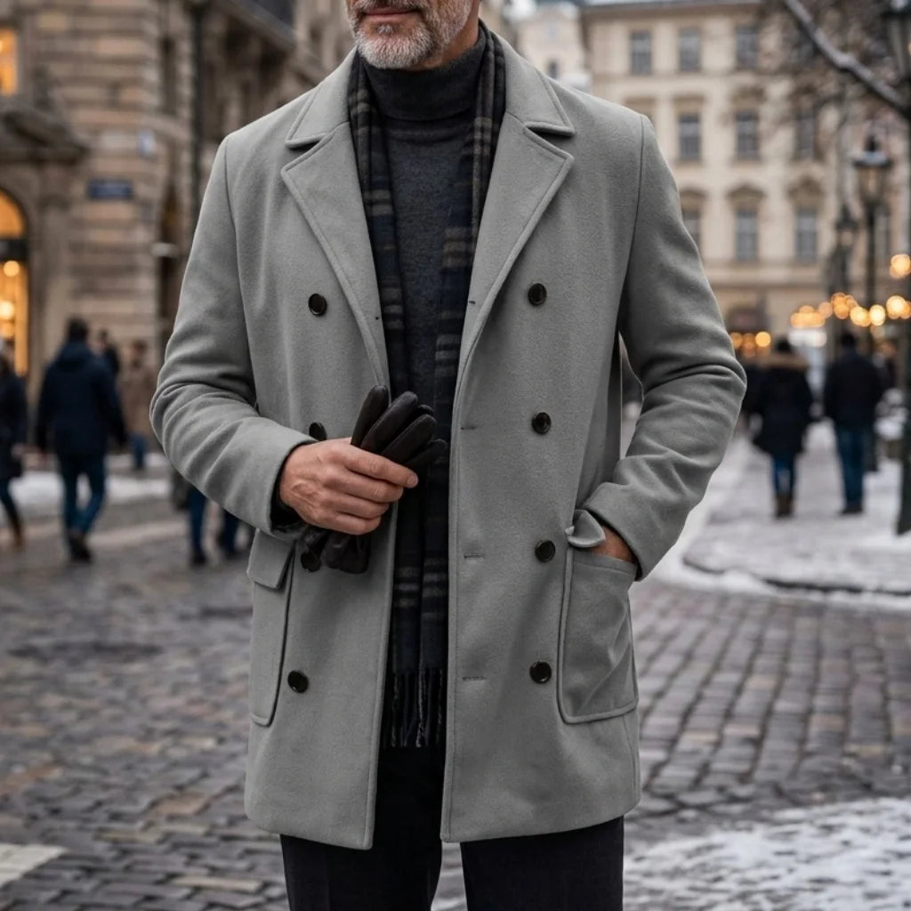 New Men's Double-Breasted Mid-Length Windbreaker Multi-Pockets Streetwear & Outdoor Warm Coat for Mature Gentlemen (Inner Lined)