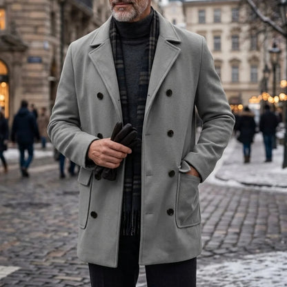 New Men's Double-Breasted Mid-Length Windbreaker Multi-Pockets Streetwear & Outdoor Warm Coat for Mature Gentlemen (Inner Lined)