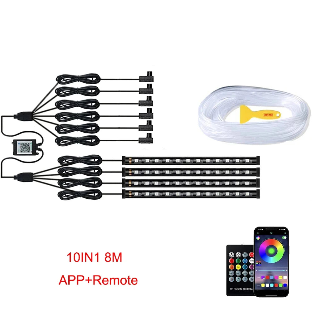 Neon LED Ambient Lighting Car 6in1 8m RGB LED Atmosphere Interior Strip Light Fiber Optic APP Control Auto LED Decorative Lamp