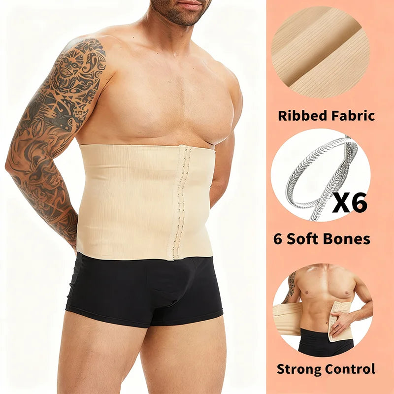 Slimbelle Men Shapewear Ribbed Belt Tummy Control Band Slimming Comprssion Fajas High Stretch Body Shaper Back Support Corset
