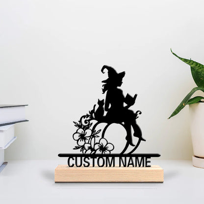 1pc Fashion Personalized Custom Witch Black Cat Metal Statues Modern Wooden Base Decor for Office Living Room Nature-Inspired