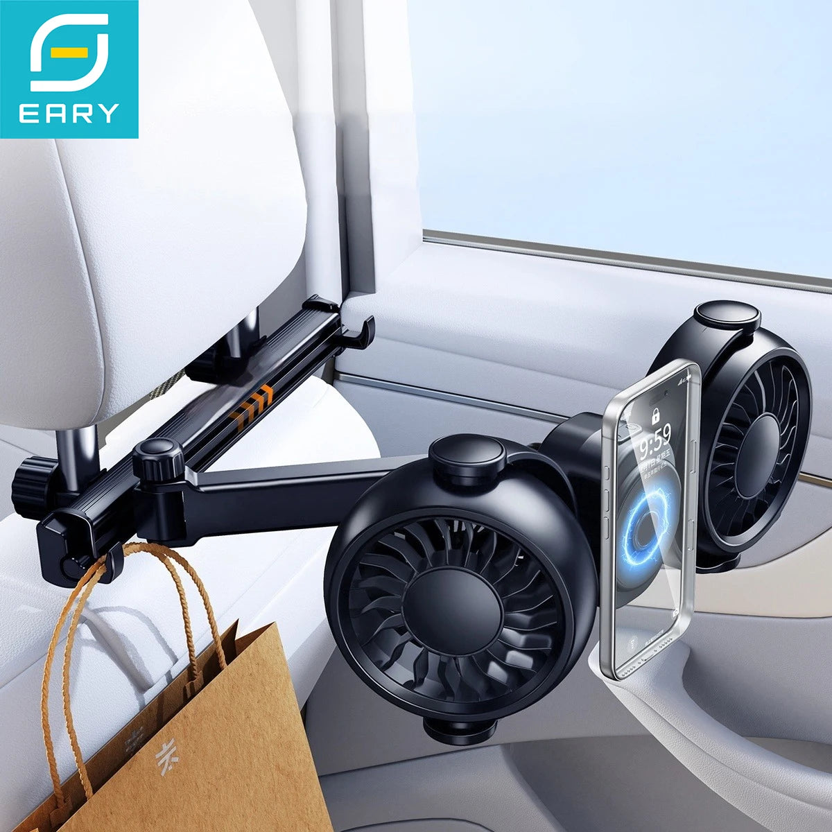 Eary Powerful Car Rear Seat Fan Dual Head 4000mAh 3 Speeds Wind 360°Car Back Headrest Fas With Magnetic Phone Holder Hidden Hook