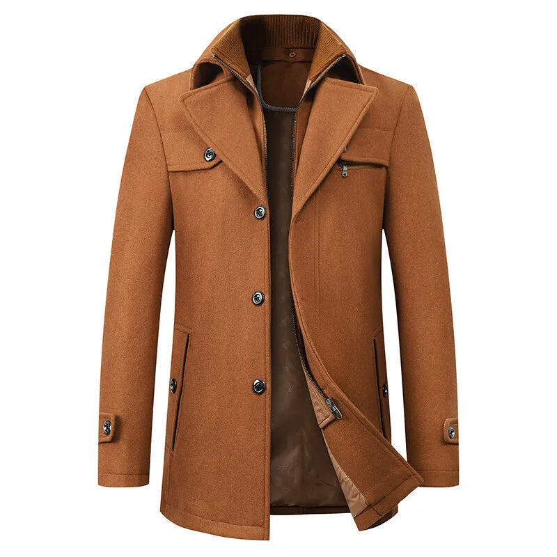 2026 High Quality Men's Wool Coat Medium Length Double Collar Winter Plus Cotton Thickened Wool Coat