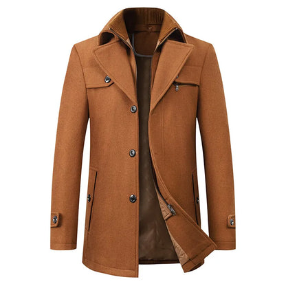 2026 High Quality Men's Wool Coat Medium Length Double Collar Winter Plus Cotton Thickened Wool Coat