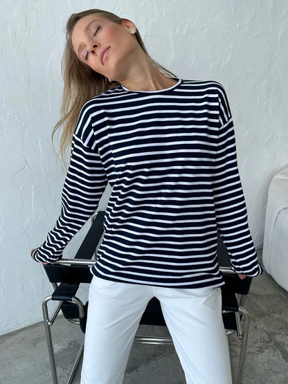 Bornladies 2025 Summer Long Sleeve Striped T-Shirts Women Basic Casual Tops Female Cozy Loose Cotton Tees Harajuku T Shirt New