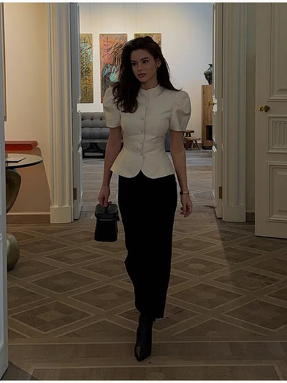 Women's Elegant Puff Sleeve Blouse Stand Collar Single-breasted Fitted Peplum Top Female Office Formal Occasions Cozy Clothes