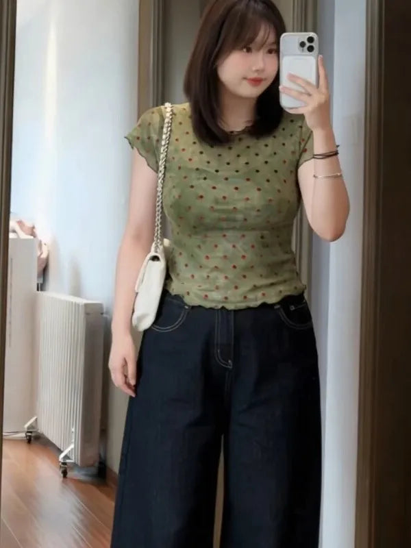 plus Size Women's American Retro Polka Dot Short Sleeve T-Shirt Slimming Top Wood Grain  Spring Summer New Style