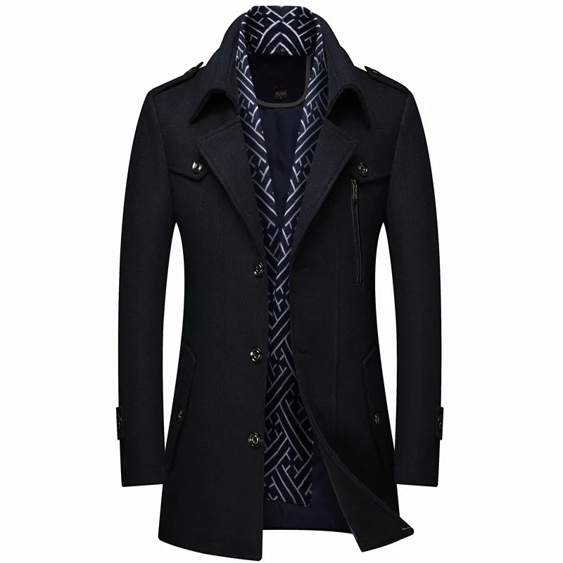 Thickened Men's Woolen Coat Scarf Collar Mid-Length Tweed Outerwear Winter Fashion Slim Fit Pocket Detail Pure Color Design