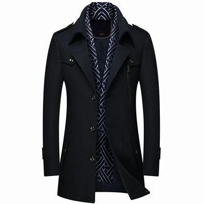 Thickened Men's Woolen Coat Scarf Collar Mid-Length Tweed Outerwear Winter Fashion Slim Fit Pocket Detail Pure Color Design