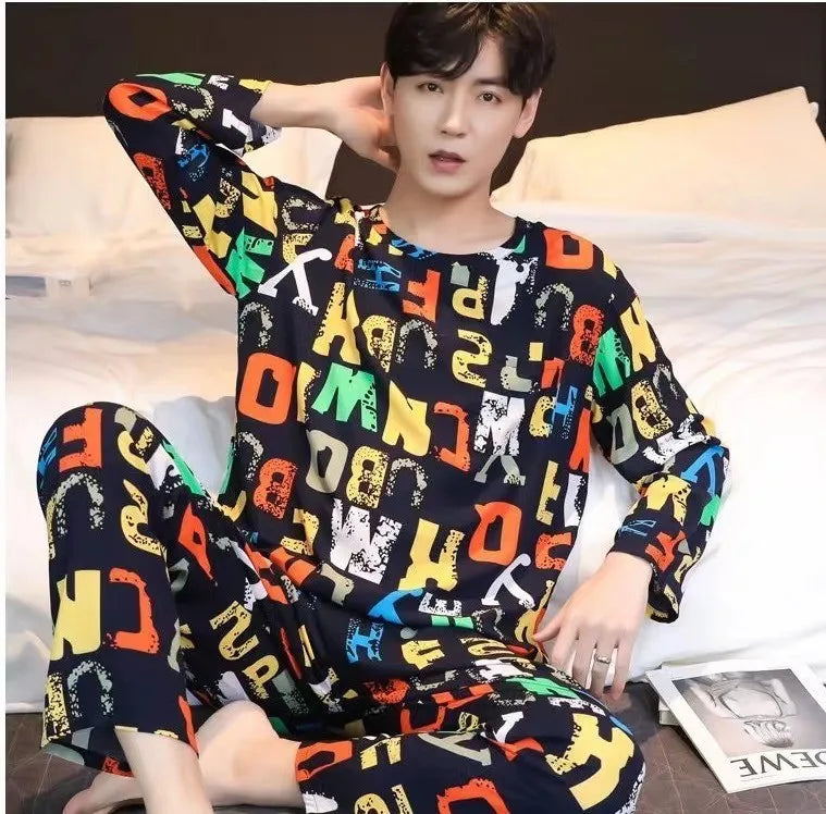 Men‘s Pajama Set Long Sleeve Black Striped Fall and Winter Youth Student Nightwear Loungewear Two Piece Set Sleepwear Homewear