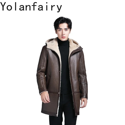 YOLANFAIRY Fashion Brown Genuine Sheepskin Leather Jacket Men Winter Mid-length Hooded Natural Fur Coat Man Warm Fur Coats Slim