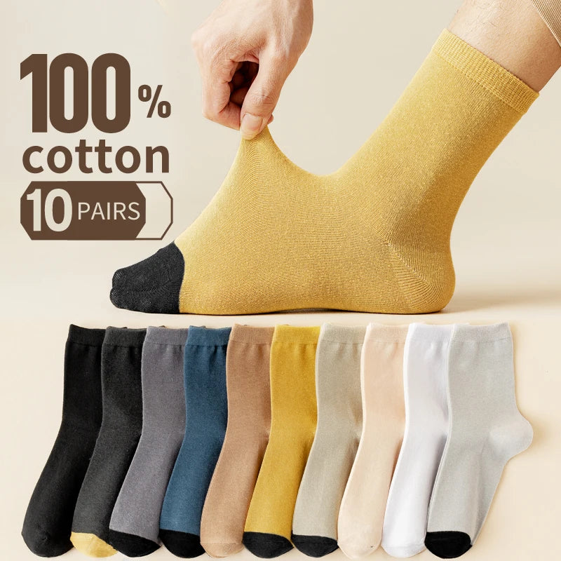 10 pairs of 100% cotton socks, men's four season striped midsole, sweat absorbing, breathable sports cotton socks
