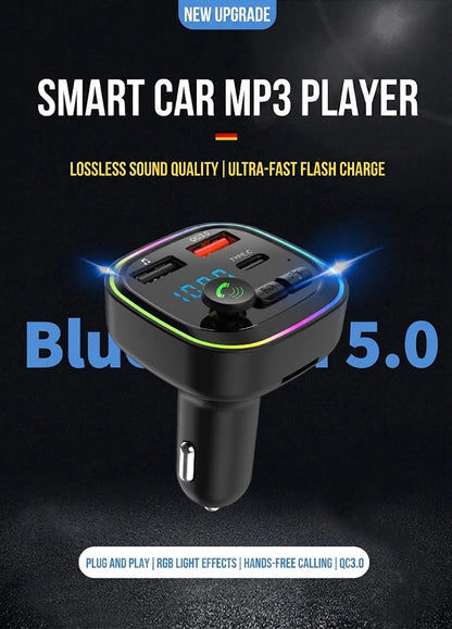 Car Bluetooth FM Transmitter Audio Adapter With RGB Ring Light Dual USB QC3.0 And Type-C Fast Charger Hands-Free MP3 Player