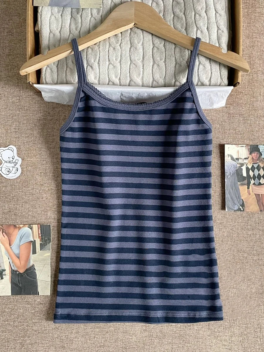 Navy Striped 2 Piece Sets Women Vintage Buttons Cotton Long Sleeve Tee Straight Trousers Home Sweet T-shirt Pant Pajama Set Y2K