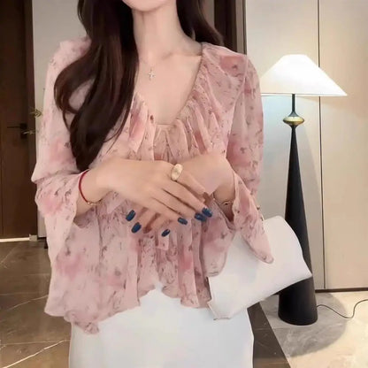 Comfortable Summer Large Size Floral Print V-Neck Women's Shirt Trendy Chiffon Fashionable Pink Collar Versatile Korean Style