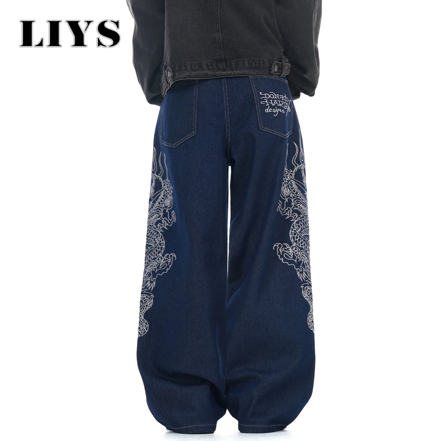 LIYS New Men's Blue Baggy Dragon Embroidered Wide Leg Jeans Spring Summer Classic Blue Baggy Washed Denim Pants Unisex Clothing
