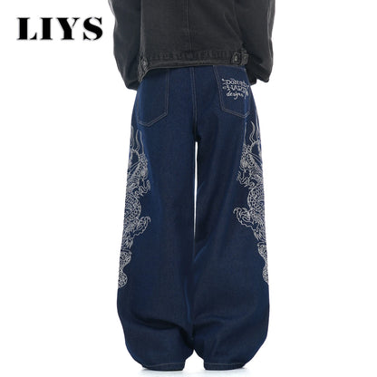 LIYS New Men's Blue Baggy Dragon Embroidered Wide Leg Jeans Spring Summer Classic Blue Baggy Washed Denim Pants Unisex Clothing
