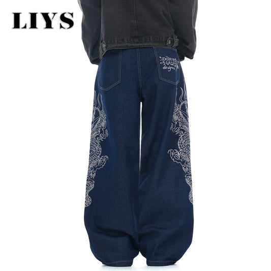 LIYS New Men's Blue Baggy Dragon Embroidered Wide Leg Jeans Spring Summer Classic Blue Baggy Washed Denim Pants Unisex Clothing