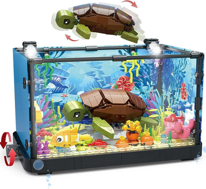 MOC Ocean Fish Tank Aquarium Building Block Set with Turtle - DIY Toy Brick for Kids Creative Playset Home Decor Birthday Gift