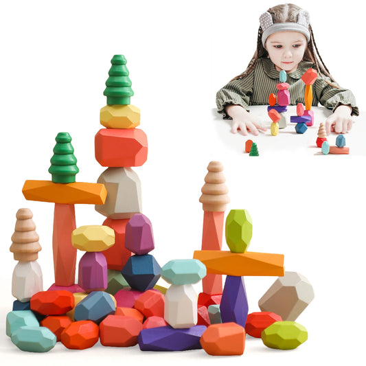 48 Piece Wooden Stone Balancing Blocks Free Water Based Paint Color Recognition Hand Eye Coordination Balance Toys for Kids