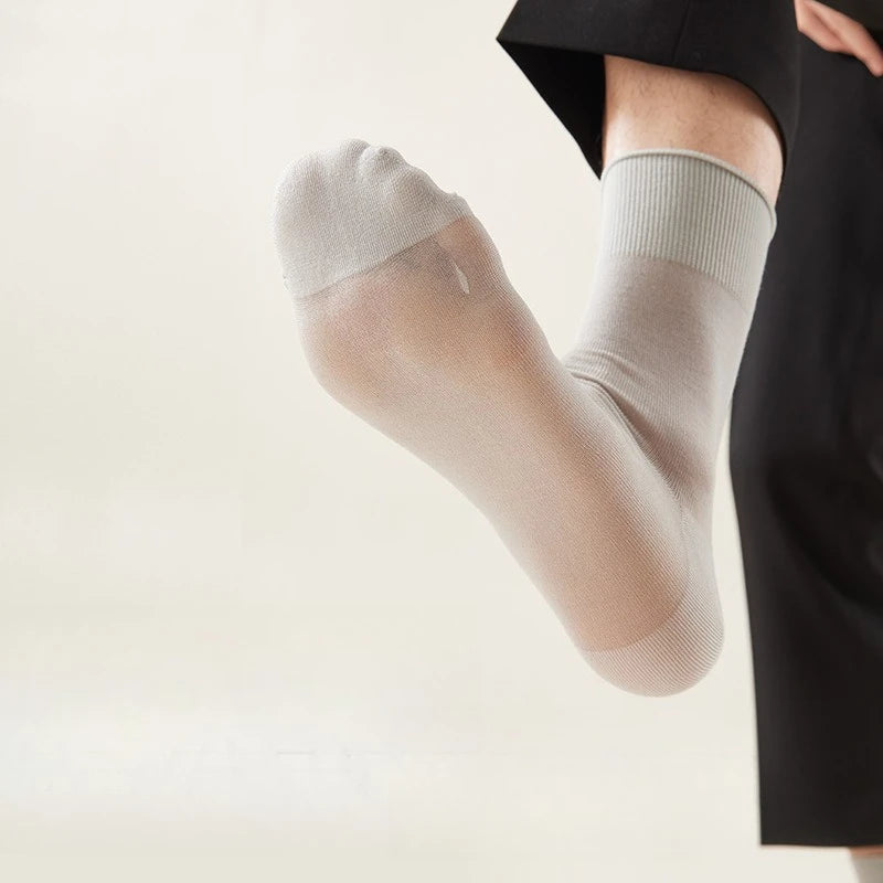 3/6PairsMen's Silk Socks Summer Thin Crew Socks Ultra Thin Antibacterial Deodorant Sweat Wicking Breathable Solid Seamless