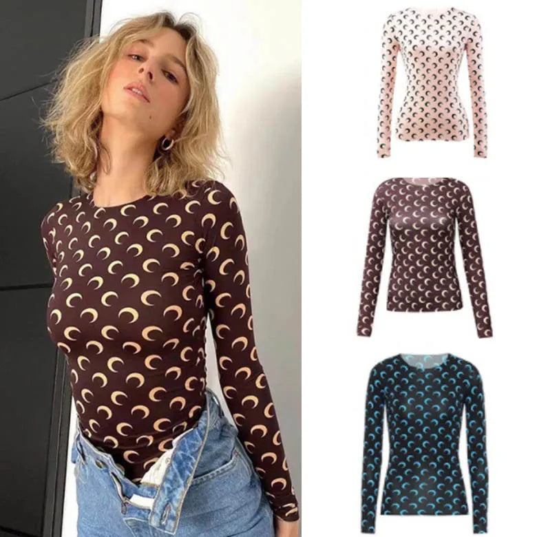Sweet Two Piece Set Women American Retro Layered Outfit Long Sleeve Moon Print Top Ice Silk Pants Sexy Casual Autumn Fashion