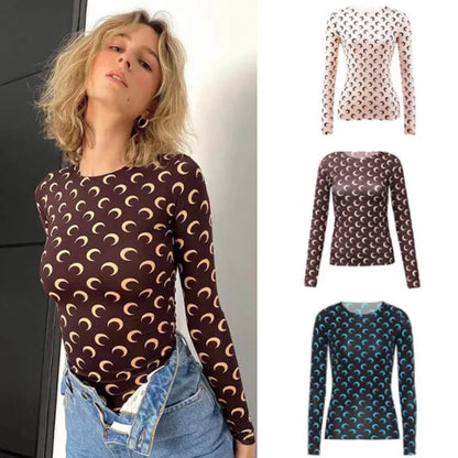 Sweet Two Piece Set Women American Retro Layered Outfit Long Sleeve Moon Print Top Ice Silk Pants Sexy Casual Autumn Fashion