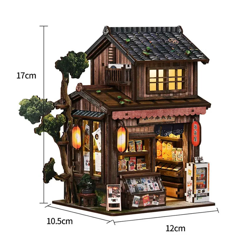 DIY Miniature Dollhouse Kit Japanese Sakura Greenhouse with LED Light Included 3D Wooden Puzzle of Furniture Decor Craft Gifts